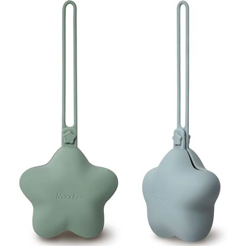 Moonkie Silicone Pacifier Holder Case, Cute Portable Pacifier Storage Case, 2 Pack - Sage/Pearl Blue