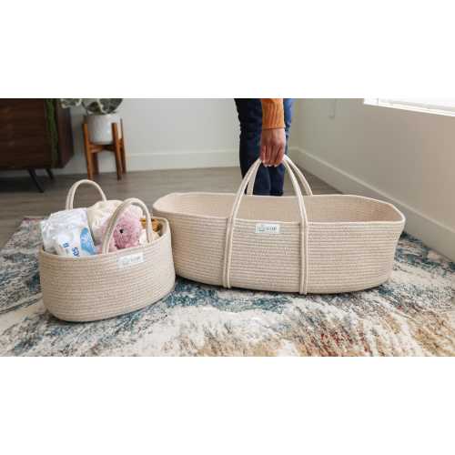 Changing Basket with Diaper Caddy and Newborn Gift Set with waterproof pad,2 Muslin swaddles,1 plush blanket,1 teether, 1 pacificer, 1 Hello