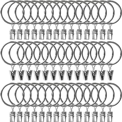 AMZSEVEN 40 Pack Metal Curtain Rings with Clips, Drapery Clips Hooks, Decorative Curtain Rod Clips Hangers 1.5 Inch Interior Diameter Eyelets, Silver