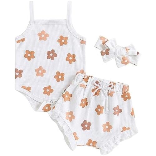 Mubineo Baby Girl 3PCS Summer Boho Rompers Outfits Bodysuit Shorts Clothes Headband Set