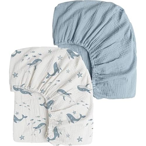 Konssy Muslin Crib Sheets 2 PCS, 100% Cotton Baby Crib Sheets for Standard Crib Mattress (28"x 52"), Soft and Breathable for Boys, Girls (Blue Whale,Blue)