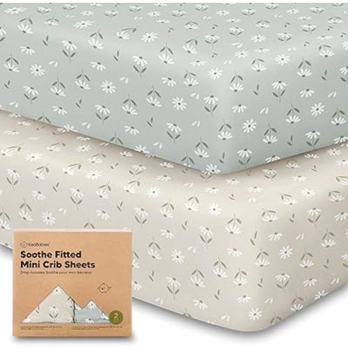 2-Pack Mini Crib Sheets Fitted - Pack N Play Sheets for Pack and Play Mattress, Organic Cotton, Soft & Breathable Jersey Playard Bedding, Neutral Mini Toddler Bed Cover for Boys, Girls (Daisies)