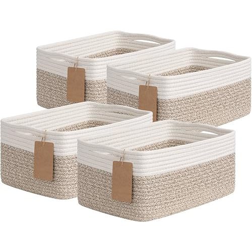 Goodpick 4 Pack Storage Baskets for Shelves, Rectangle Woven Baskets for Organizing, Cotton Rope Storage Bins for Baby Toys, Decorative Basket for Gifts, 13''L x 8''W x 6''H, Brown & White
