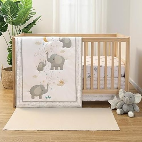 The Peanutshell 3 Piece Elephant Whimsy Baby Crib Bedding Set Boy or Girl, Nursery Decor Boy Crib Comforter Set, Classic Neutral Ivory & Cream Tones Quilt and Accessories, Gender Neutral