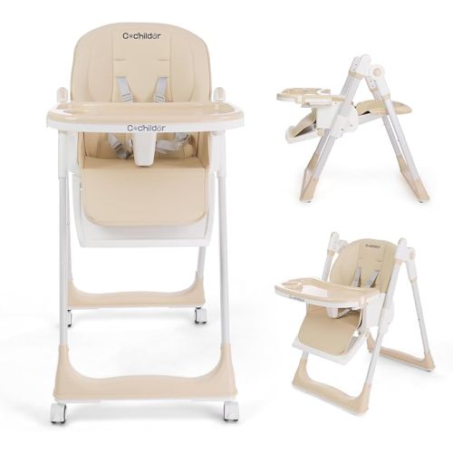 3-in-1 Foldable High Chair for Babies & Toddlers – Adjustable Height, Reclining Seat, 5-Point Safety Harness, Removable Tray, Lockable Wheels – Portable & Easy Clean, Beige