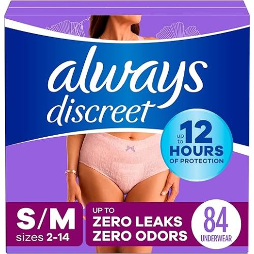 Always Discreet Adult Incontinence Underwear for Women and Postpartum Underwear, S/M, Up to 100%* Bladder Leak Protection, 84 CT,