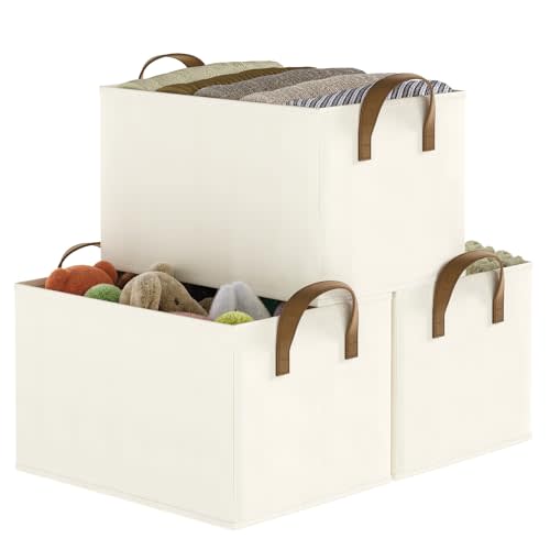 COYACOOL Storage Bins for Shelves, 3-Pack Storage Baskets for Closet, Medium Linen Organizers and Storage Bins for Bedroom, Collapsible Baskets and Bins with Handles, Beige
