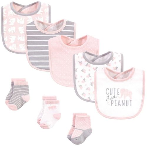 Hudson Baby Infant Girl Cotton Bib And Sock Set 8pk, Pink Elephant