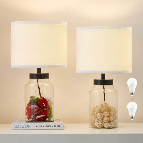 NATYSWAN Fillable Table Lamp set of 2 with Clear Glass, Modern LED Beside Nightstand Lamp with White Lampshade for Living Room Bedrooms Office