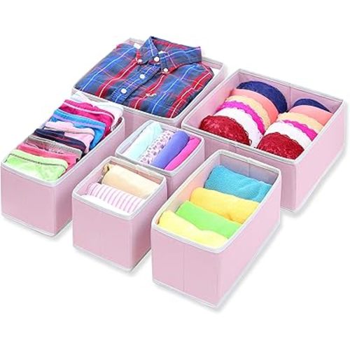 Simple Houseware Foldable Cloth Storage Box Closet Dresser Drawer Divider Organizer Basket Bins for Underwear Bras, Pink (Set of 6)