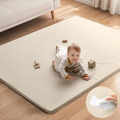 Blissful Diary Vegan Leather Baby Play Mat, 71x59 Thicken Foam Cushioned & Waterproof Playpen Mat for Infants and Toddlers, Stylish and Just Wipe-Clean Playmat for Baby Play on Floor, Beige