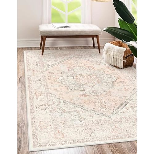 LIVEBOX Pink Area Rug 5x7 - Soft Rugs for Bedroom, Non-Slip Pink Rugs for Bedroom Girls, Vintage Washable Cute Aesthetic Rug for Nursery Dining Room, Retro Print Distressed Accent Carpet for Apartment