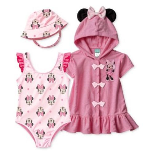 Baby Girls Minnie Mouse Swimsuit, Hat & Hooded Cover-Up, 3 Piece Set