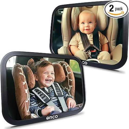 Onco Baby Car Mirror Rear Facing (2 Pack) - 100% Shatterproof & Shakeproof, Award-Winning Convex Car Mirror for Baby with 360° Rotation, Newborn Essentials (9.6 x 6.9 in)