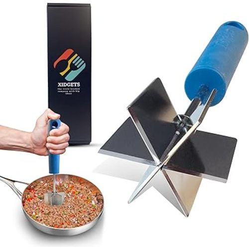 Stainless Steel Meat Masher and Tenderizer with Soft Grip Handle – Heavy Duty Handle & Mashing Head for Ground Beef, Meat, and More – Mondo Meat Masher by Xidgets (Lagoon Blue)
