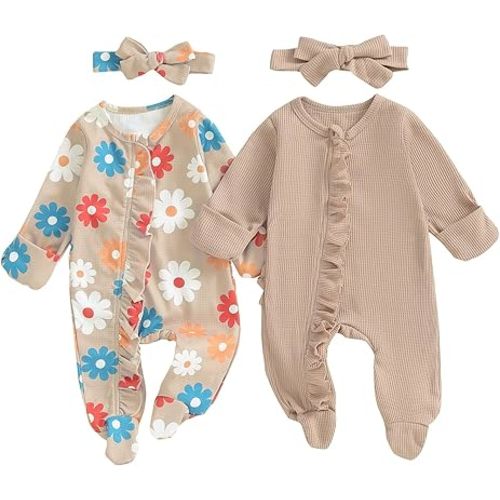 Merqwadd Baby Girl Footies Newborn Zipper Sleeper 2 Pack Ruffle Pajamas Romper Coming Home Outfit