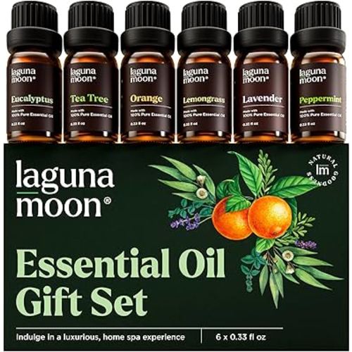 Lagunamoon Essential Oils Aromatherapy Set - 6 Oils for Diffusers, Home Care, Candle Making Scents, Fragrance, Humidifiers, Gifts - Peppermint, Tea Tree, Lavender, Eucalyptus, Orange (10mL)