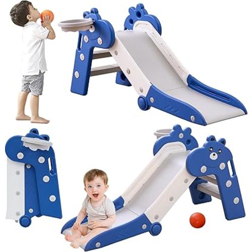 Toddler Slide Foldable Slides for Toddlers Slider for Kids Indoor Playset Baby Plastic Playground with Basketball Hoop and Ball