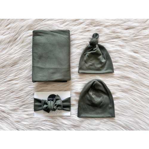 Baby swaddle blanket, “Harry” Olive Green  Swaddle, Top knot hat, , newborn hospital swaddle, baby boy gift, baby gift, gender neutral