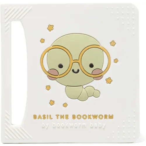 Basil The Bookworm Baby Teether - Premium BPA Free Silicone Teething Toy | Perfect for Baby Showers | Unique Book-Shaped Design | Freezer & Dishwasher Safe (Age: 3+ Months)