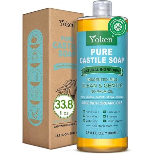Yoken EWG Verified Castile Soap Liquid Unscented 33.8 fl oz Pure Castile Liquid Soap Made With Organic Oil, Clean & Gentle, Natural Castor Oil Soap for Body Wash, Hand, Dishes, Laundry, No Fragrance
