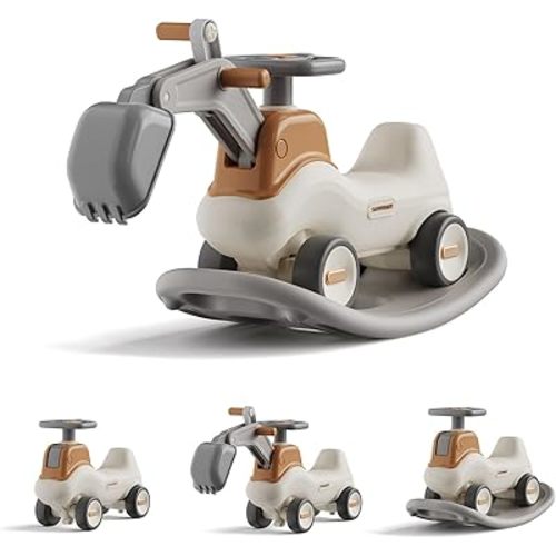 UNICOO® 4-in-1 Excavator Rocker n Ride, Ride-On Baby Balance Bike with Detachable Balance Board, Toddler Rocking Chair, Movable Arm, Ride On Toys for Toddlers 3-5, Indoor Outdoor (Gray & White)