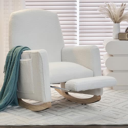 ALAKFORM Rocking Chair Nursery with Foot Rest, Teddy Nursing Rocking Chair with High Backrest, Glider Rocker Chair for Living Room, Bedroom, Nursery(Teddy Ivory)
