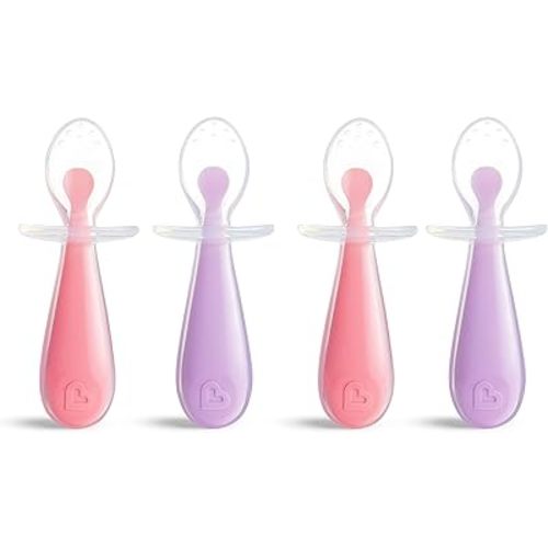 Munchkin® Silicone Scoop™ Trainer Spoons with Choke Guard for Baby Led Weaning, 4 Count, Pink/Purple