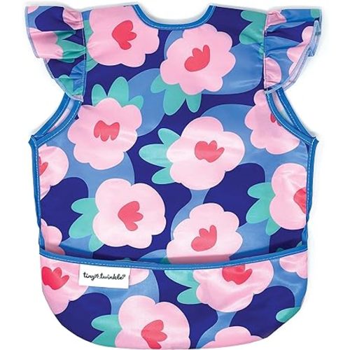 Tiny Twinkle Mess Proof Baby Bib - Waterproof & Lightweight Baby-Led Weaning Apron | 100% Recycled Polyester, Easy Clean & Machine Washable (Floral Blue, Small 6-24 Months)
