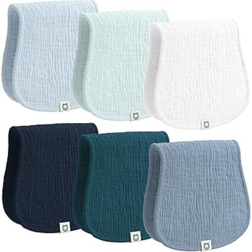 Muslin Burp Cloths Set, 6 Pieces, 100% Organic Cotton Hand Washcloths for Baby Boys and Girls Extra Absorbent and Soft Burping Rags (Blue - Multi Colored)