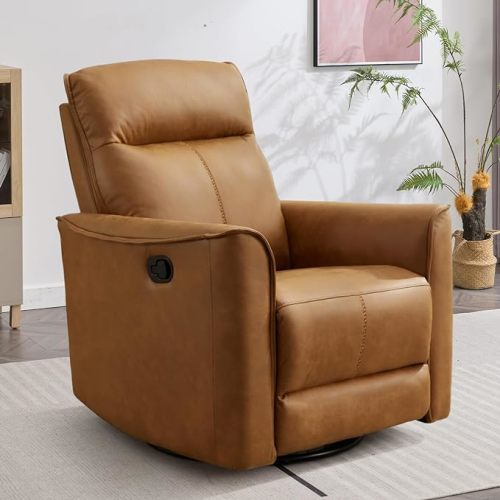 ANJ Manual Swivel Rocker Recliner, Glider Recliners with Padded Armrest and Backrest, Soft Leathaire Nursery Rocking Recliner Chair Reclining Sofa for Living Room - Brown