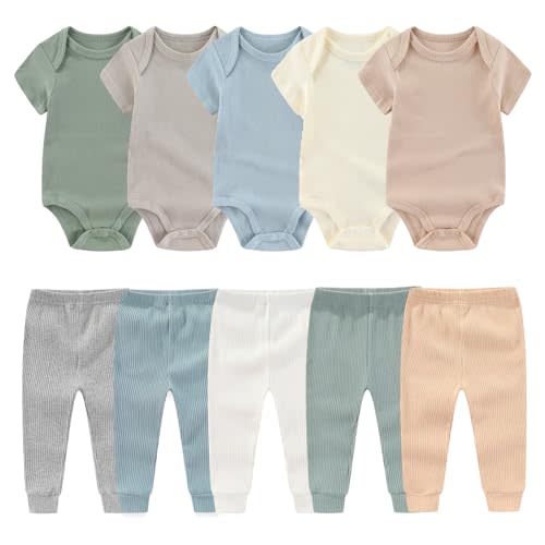 MAMIMAKA Newborn Baby Layette Gift Set 10-Piece Baby Boy Girl Short Sleeve Bodysuits with Pants Infant Outfit Essentials