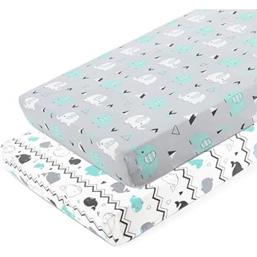 Pack n Play Sheets, BROLEX 2 Pack Mini Crib Sheets,Stretchy Portable Fitted Playard Sheet Set, Convertible Playard Mattress Cover,Ultra Soft Breathable Material,Elephant & Whale