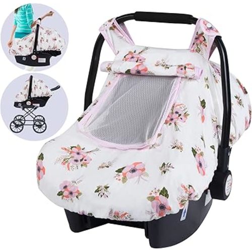 SMTTW Baby Car Seat Covers, Infant Car Canopy for Spring Summer Autumn Winter, Universal Fit, Snug Warm Breathable, Car Seat Canopy for Boys Girls (White Flower)