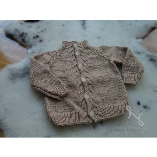Beige hand-knitted baby cotton sweater, 6-9 months size unisex cardigan, button-down sweater