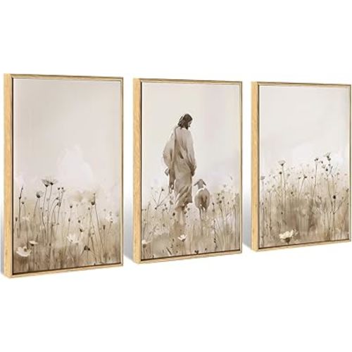Jesus Wall Art Jesus and Lost Sheep on a Wild Flower Field Wall Decor pictures Christian Shepherd Paintings Artwork Bible Stories Posters Prints for Living Room Church Home Decoration