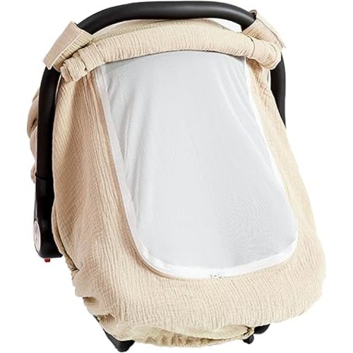 Baby Car Seat Cover, Car Seat Cover for Babies with Breathable Window, Soft Infant Car Seat Canopy,Outdoor Windproof Stroller Cover,Newborn Stroller Carrier Covers for Boys and Girls (Shallow khaki)