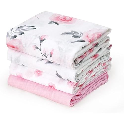 david's kids 4 Pack Baby Muslin Swaddle Blankets, 100% Cotton Swaddling Blankets Wrap for Boys Girls, Ultra Soft Breathable Receiving Blanket, New Born Essentials,Pink Floral