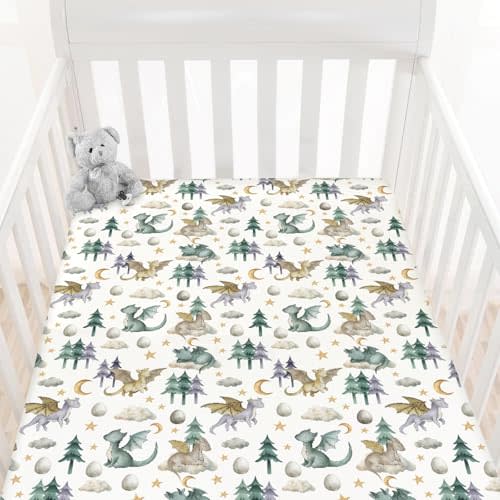 HawSkgFub Watercolor Cute Dragon Fairy Tale Fitted Standard Crib Sheet Baby Boy, Cloud Moon Star Dragons Egg Toddler Mattress Cover, Soft Breathable Stretchy Nursery Bed Sheets Decor Gift 52" x 28"