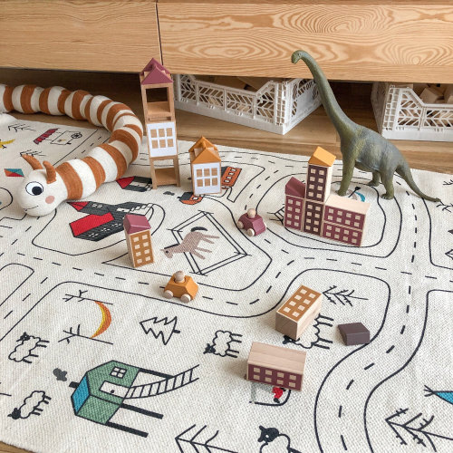 Organic Montessori Playroom Rug, Boys Mat, Non Toxic Baby Nursery Carpet, Kids City Print Play, Model Car City, Toy Car Road Runner