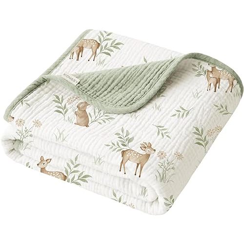 Konssy Muslin Baby Blankets for Girls Boys, 100% Cotton Crib Blanket Super Soft and Lightweight Nursery 40"x36" (Woodland)