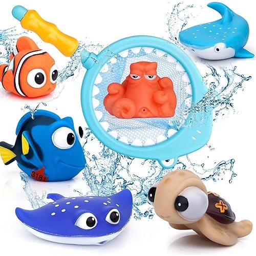 Bath Toys for Toddler, Bathtub Water Squirt Fish Toys, Bath Time Cute Accessory, Floating Sea Animals for Baby Boy Girl Shower, Swimming Pool Water Spray Game Gift with Fishing Net（7PCS）