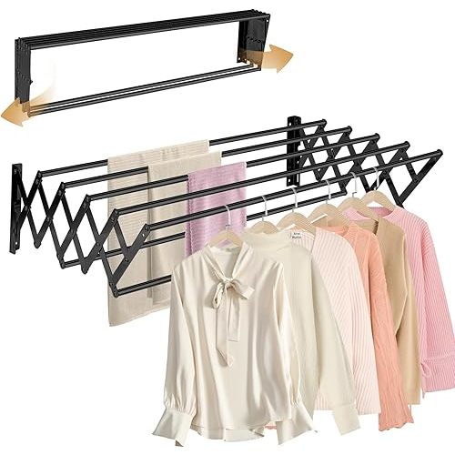 XL-31.5'' Wall Mounted Clothes Drying Rack, 130 lbs Large Capacity Rustproof Retractable Collapsible Drying Rack Easy Install with 7 Drying Rods, Space Saving Towel Drying Rack for Laundry-Black