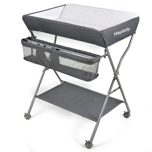 Maydolly Baby Changing Table with Wheels,Portable Adjustable Height Folding Diaper Station with Nursery Organizer & Storage Rack for Newborn Baby and Infant