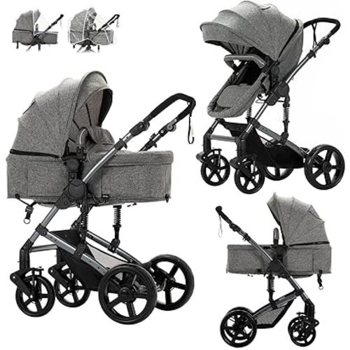 2 in 1 Baby Stroller with Bassinet Mode, Convertible Reversible Infant Bassinet Stroller with One-Click Folding, Newborn Toddler Travel Stroller Standard Carriage Pram (2US588-GREY)