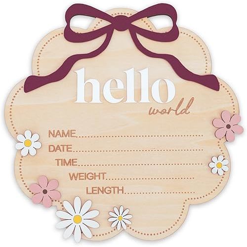 Hello World Wooden Baby Birth Announcement Sign with Pink Bow, Cloud Shape Floral Newborn Name Date Time Weight Length Board, Baby Girl Nursery Photo Prop (Berry)