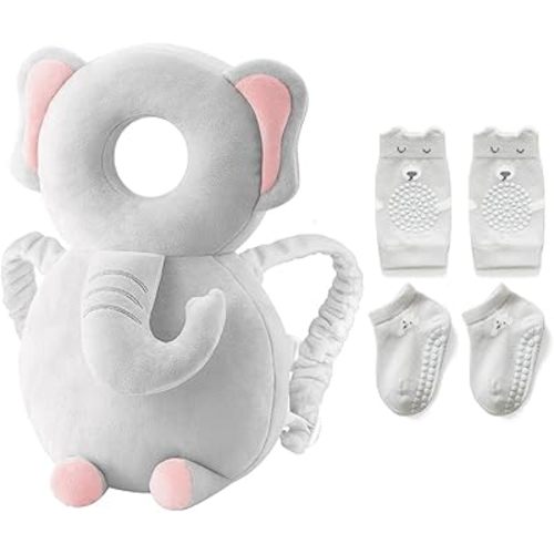 Baby Toddler Head Protector, Baby Head Protection Backpack, Adjustable, Lightweight and Breathable, Grey Elephant