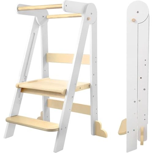 Nordi Foldable Toddler Kitchen Tower,Montessori Kitchen Stools Helper,Standing Tower with 3 Adjustable Heights,Suitable Age for 1.5-6 Years,White