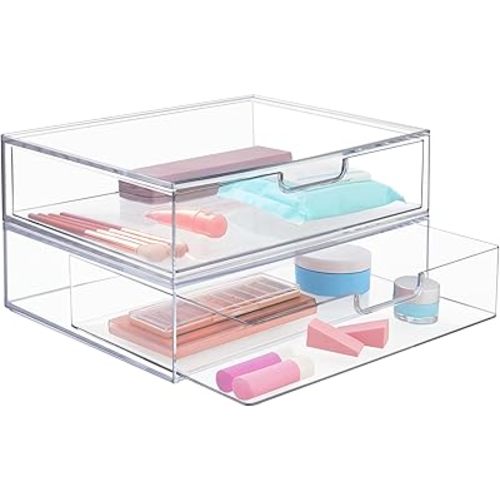 STORi Sofia 12.5” Wide Clear Stackable Open Storage Drawers, 2 Pack Plastic Organizer Bins for Makeup Palettes, Cosmetics, and Beauty Supplies, For Vanity, Bathroom, Desk Organization, Made in USA