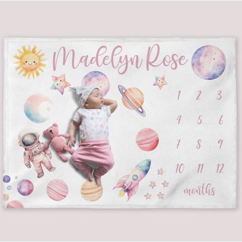 Pink Space Girl Milestone Blanket, Personalized Planets Baby Girl Month Blanket, Custom Astronaut Nursery, New Mom Baby Shower Gift